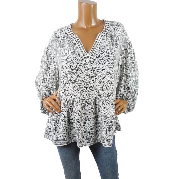 Max Studio Tops - MAX STUDIO Top XL Relaxed Fit Blouse Embroidery V-Neck White/Black Polka Dot